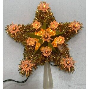 Vintage Lighted Star Tree Topper Christmas Gold Tinsel MCM 8”
